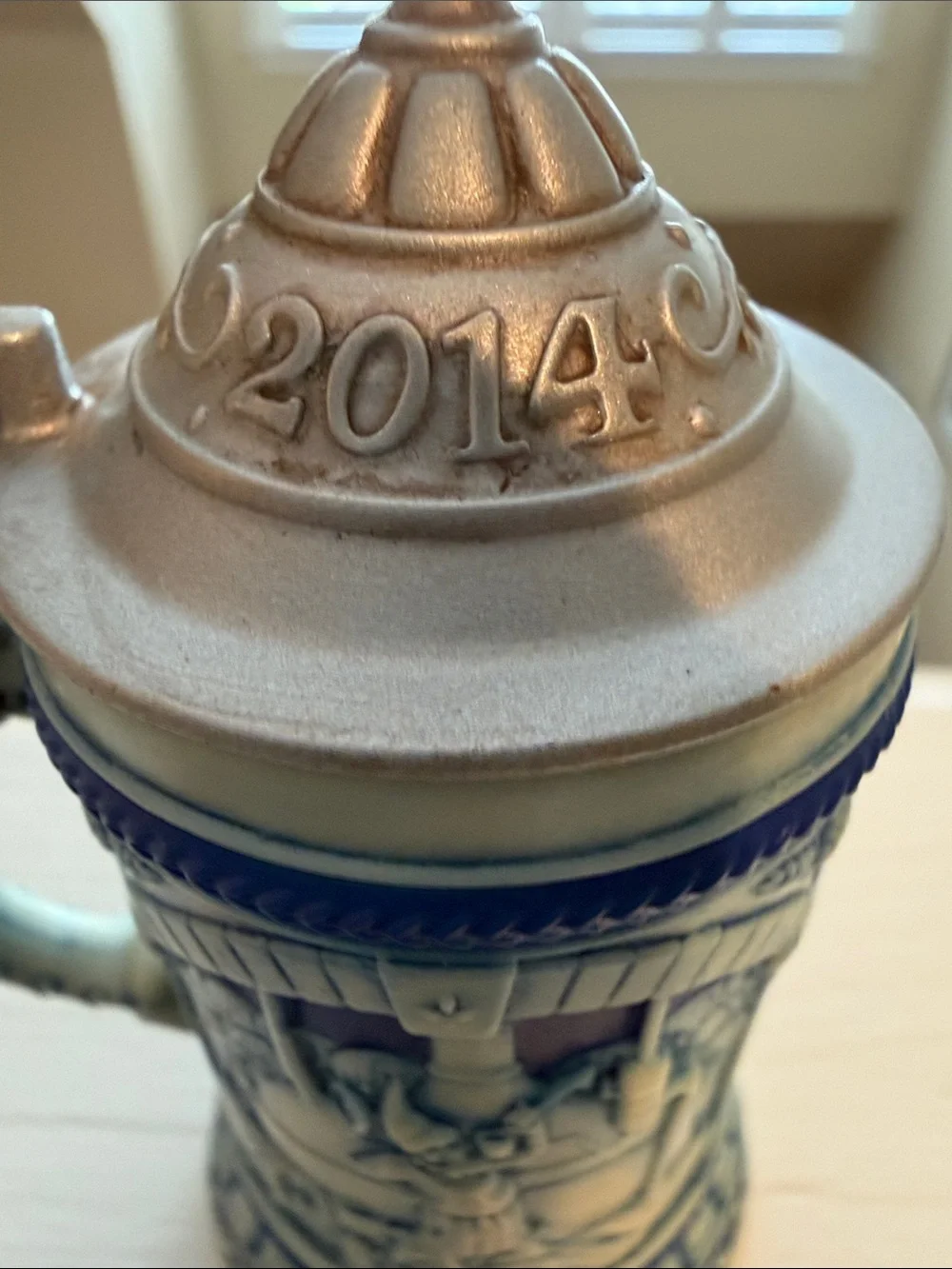 Hallmark Blue and White Ceramic-Style Beer Stein Ornament with Pewter-Tone Lid